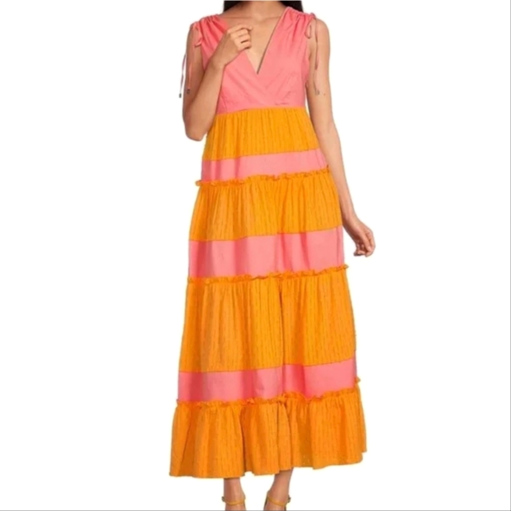 LDT Daphne Color Block Surplice V-Neck Drawstring Dress